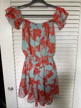 Vici Coral Floral Off-Shoulder Mini Dress on Aqua